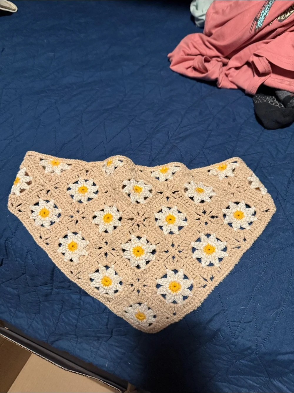 Handmade Crocheted Daisy Triangle Scarf in Beige, White & Yellow